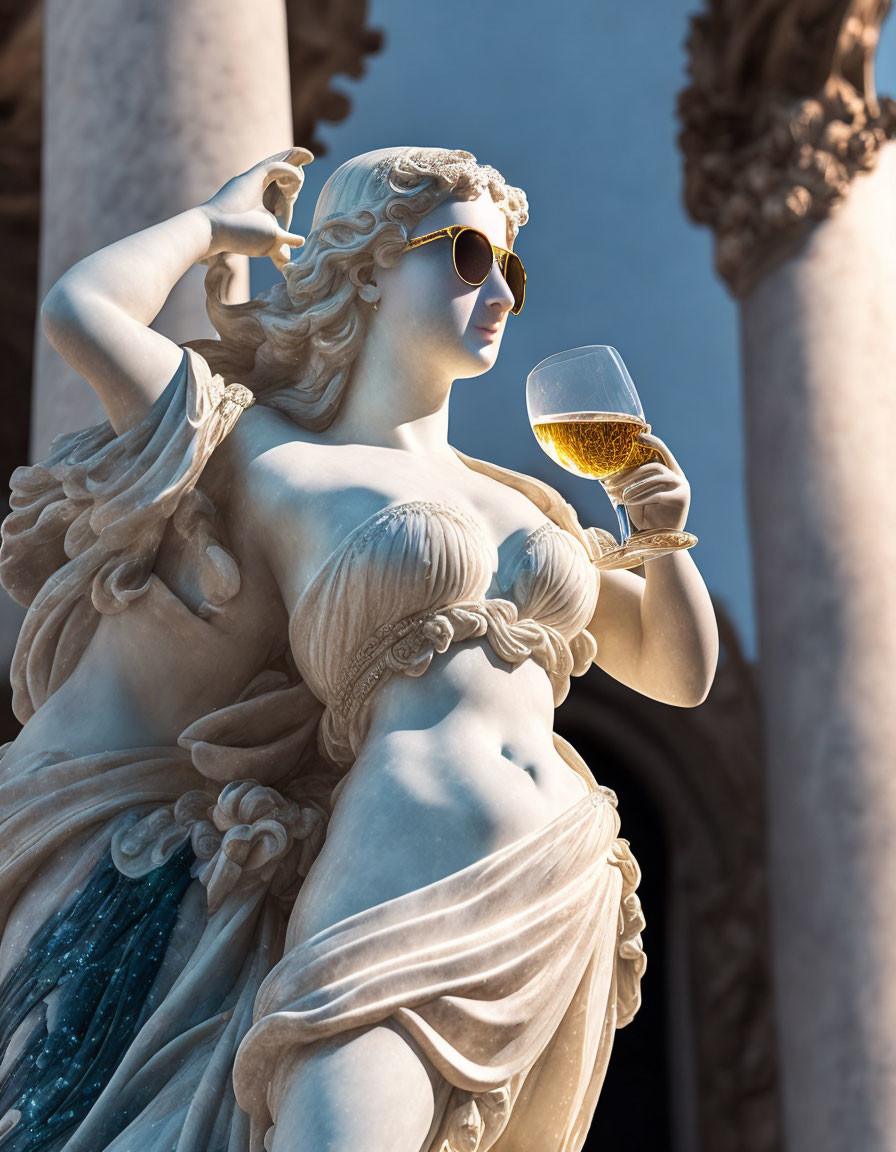 Classic statue with sunglasses and beer glass against blue sky