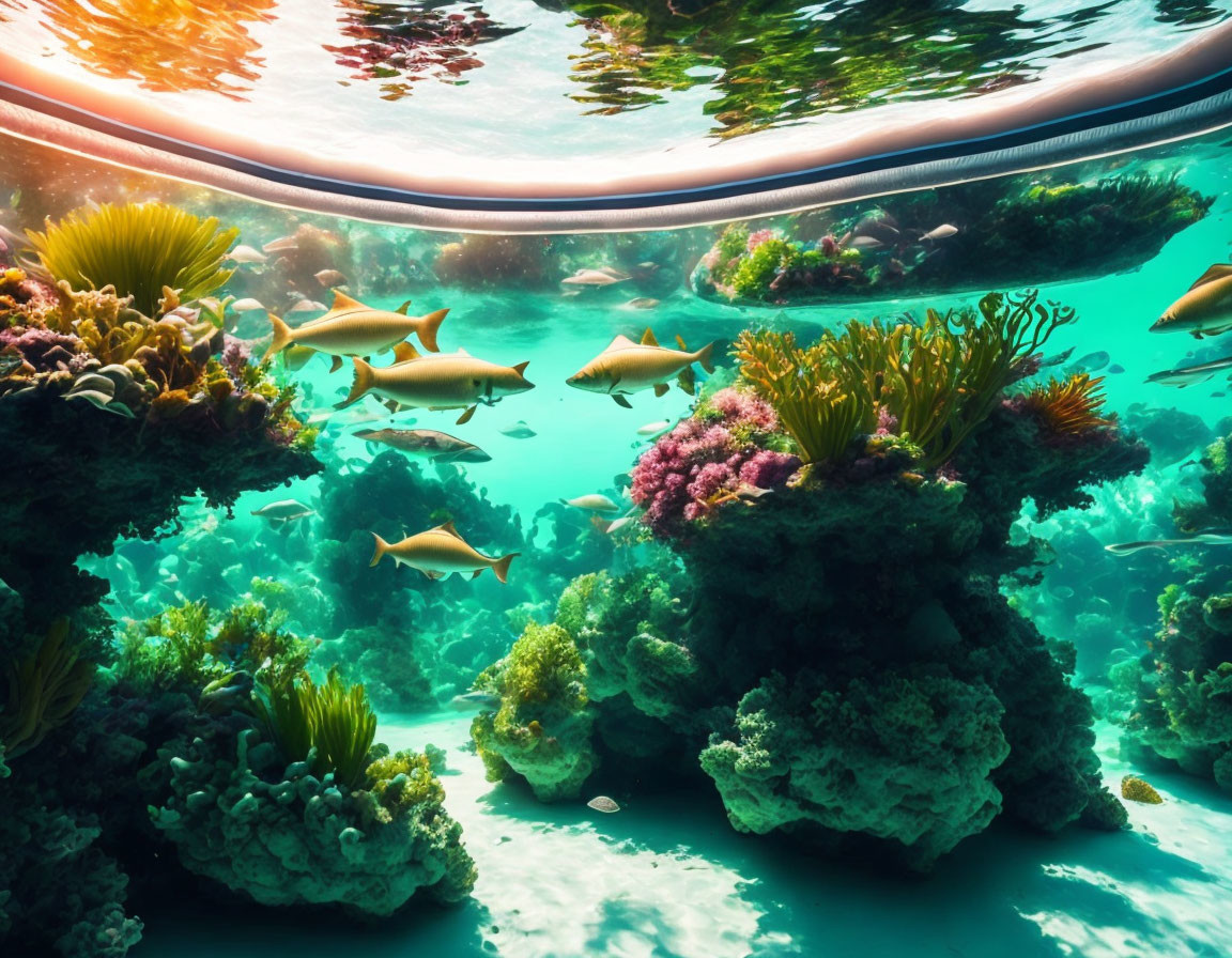 Colorful Coral Reefs and Fish in Sunlit Underwater Scene