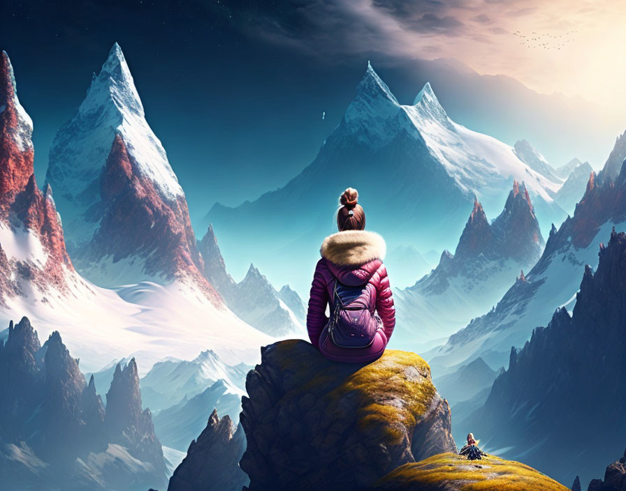 Person in Purple Jacket Contemplating Surreal Mountain Landscape