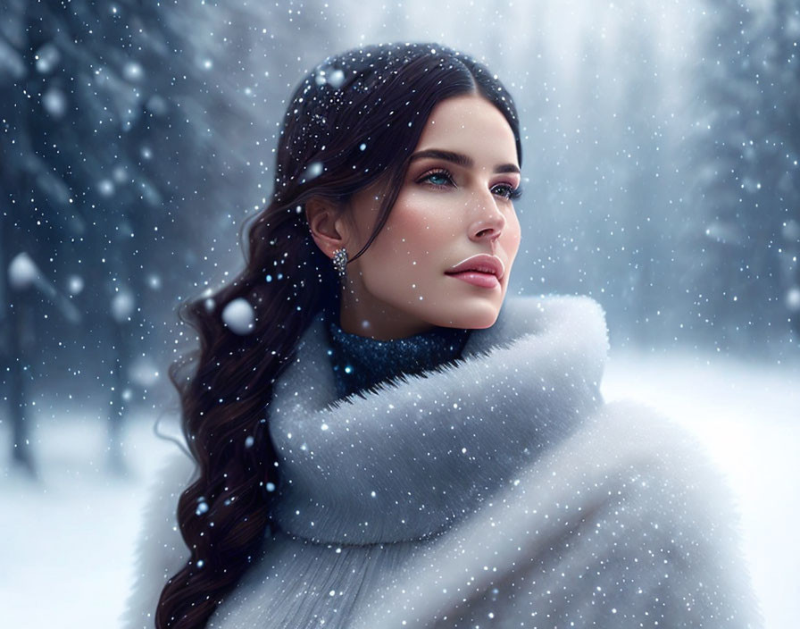 Woman with Dark Hair and Blue Eyes in White Fur Collar and Blue Sweater in Snowfall