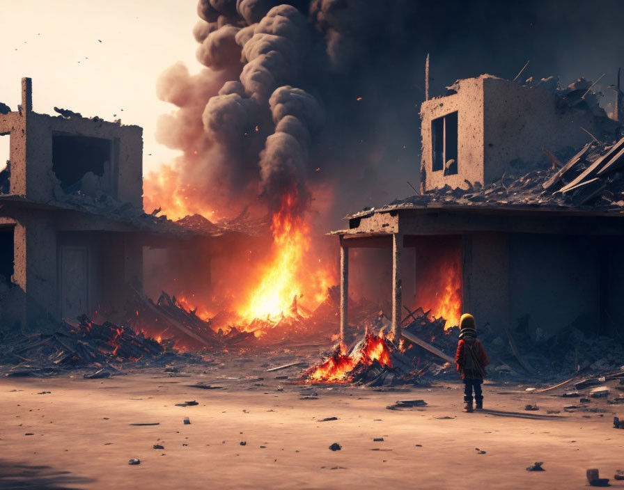 Desolate scene of destruction with lone figure amid burning buildings