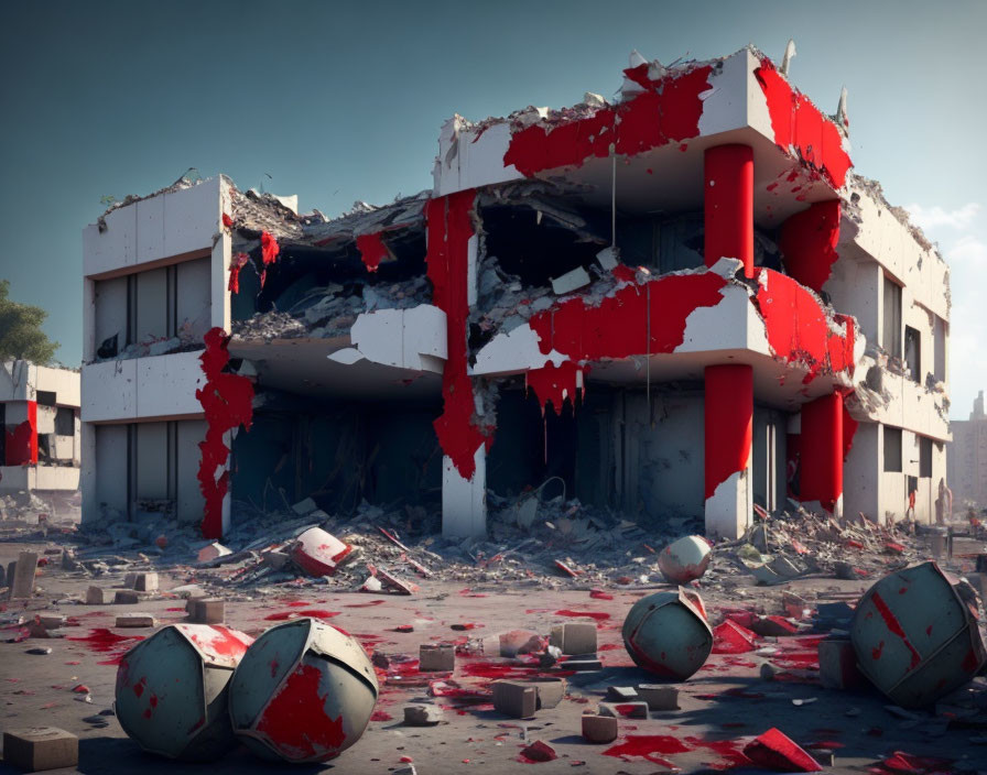 Digitally altered image of dilapidated building with red paint splattered and debris.