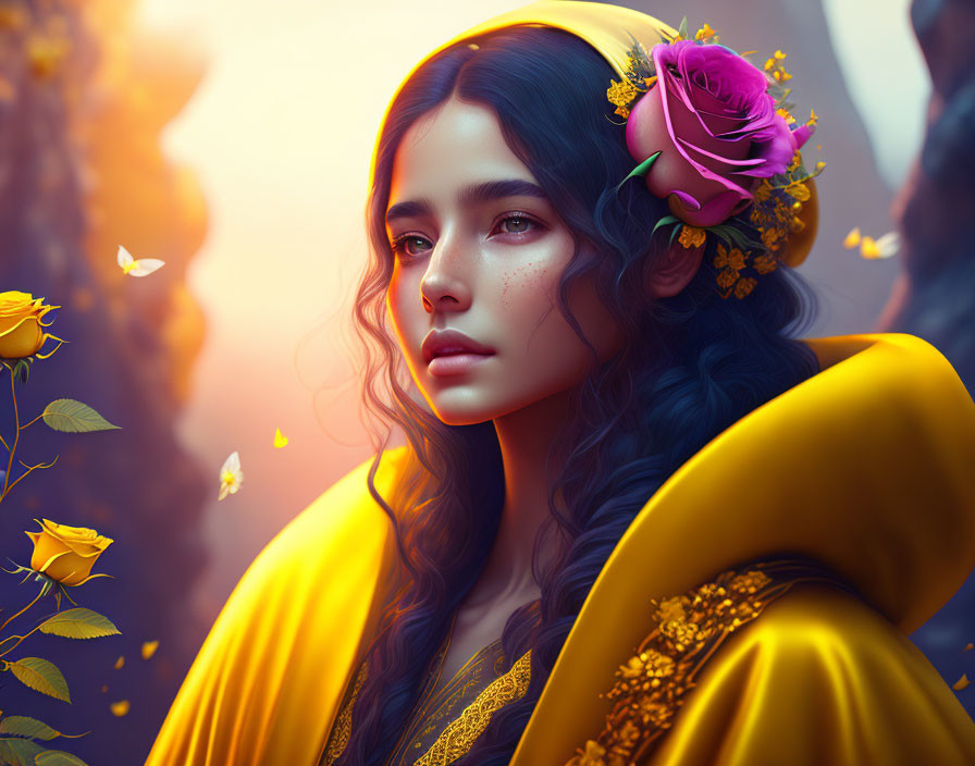 Woman with wavy hair, pink rose, and golden cloak in mystical butterfly setting