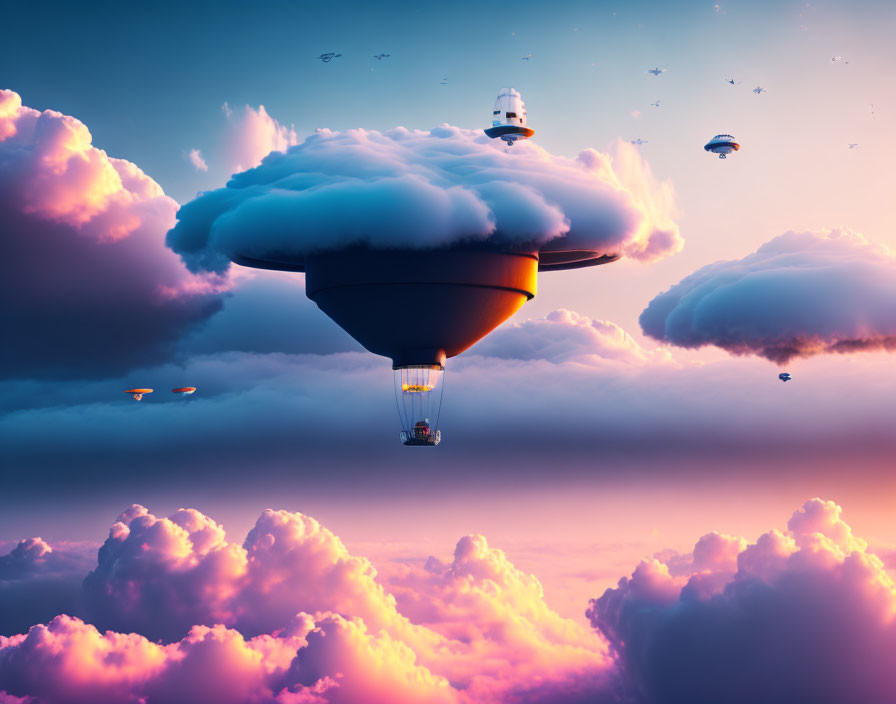 Fantastical sunset sky with airship and flying vessels in clouds