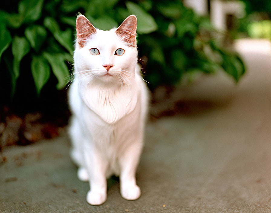 White Cat with Heterochromatic Eyes Against Green Foliage