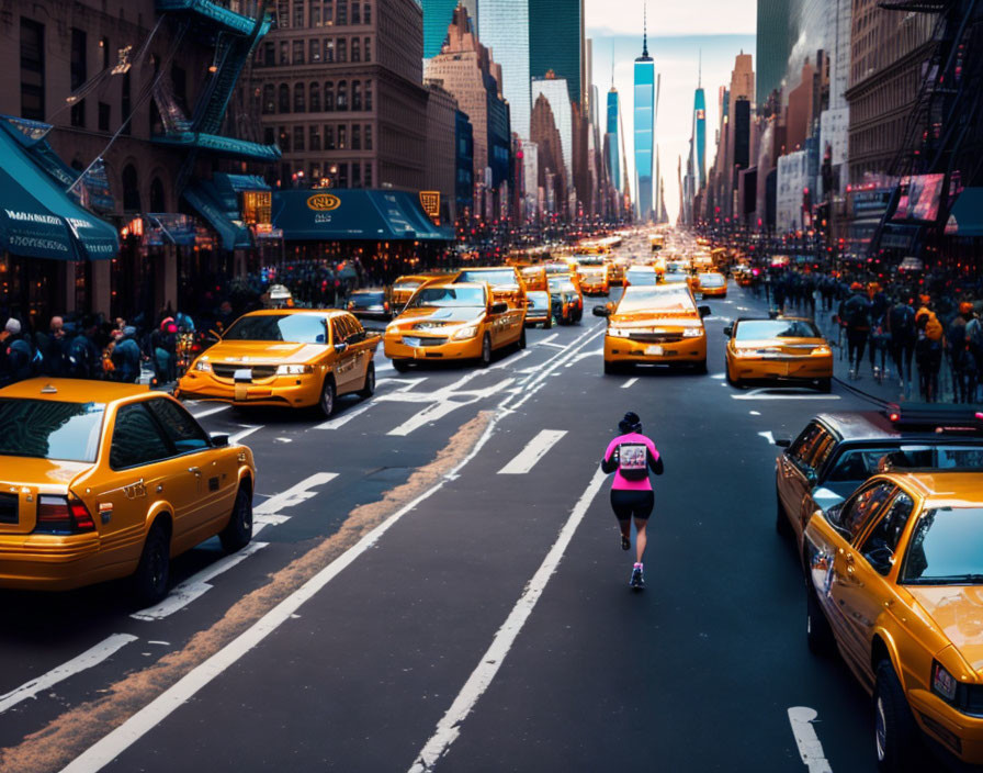 City street jogger under overcast skies with yellow cabs and skyscrapers