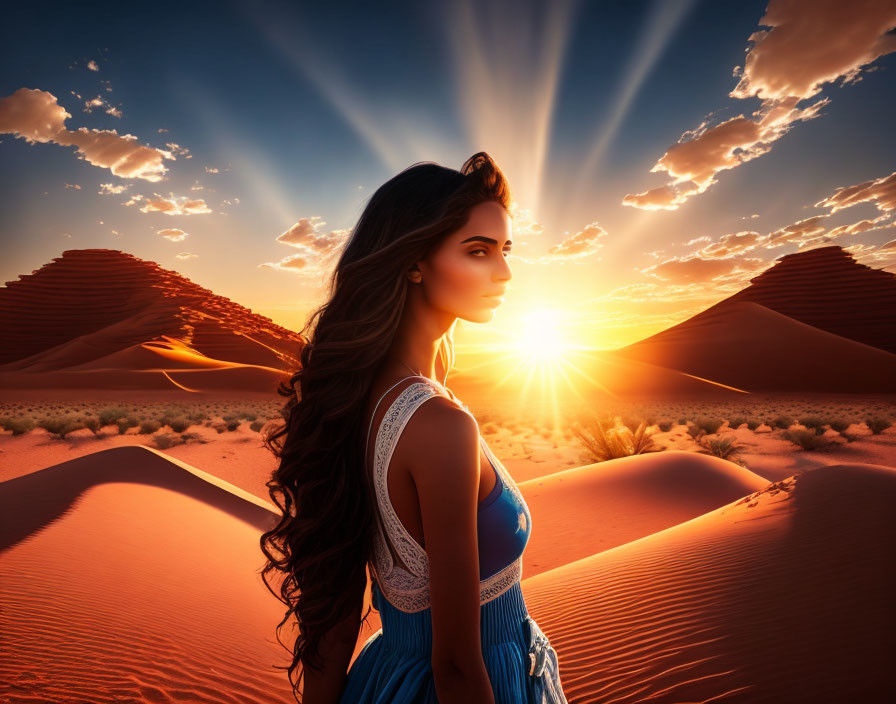 Woman in Blue Dress Stands in Desert Dunes at Sunset