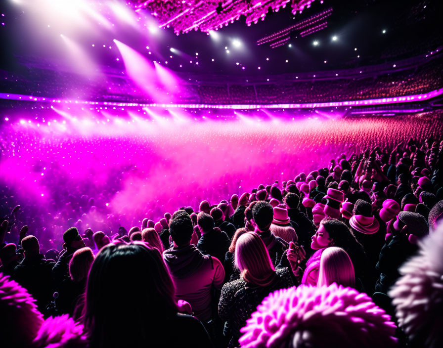 Vibrant concert with pink lights and large crowd