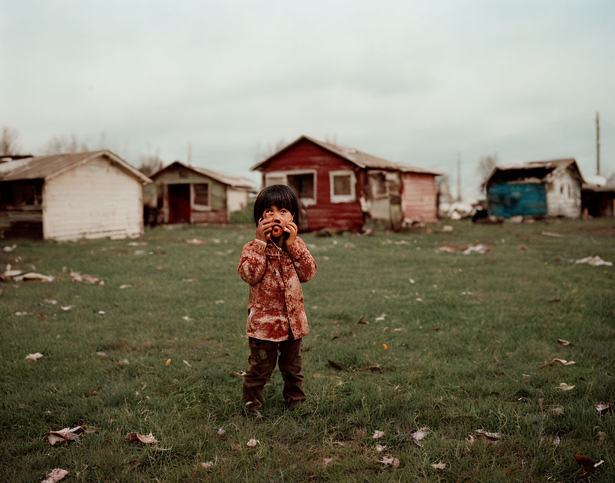 Child in grassy field with fallen leaves and toy, rustic houses in background