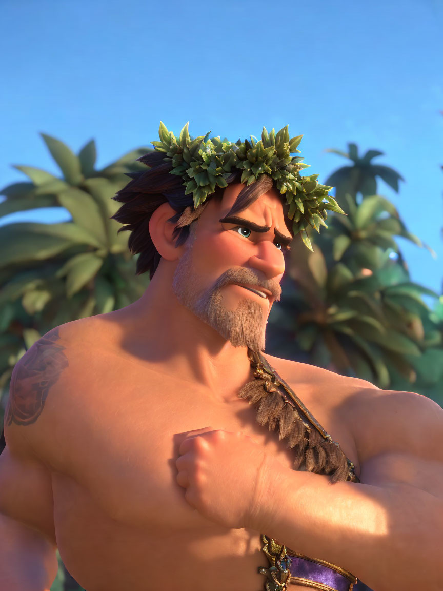 Muscular animated character with leafy crown and tattoo in tropical setting