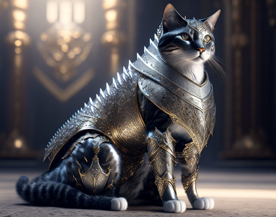 Fantasy armored cat in grand opulent hall