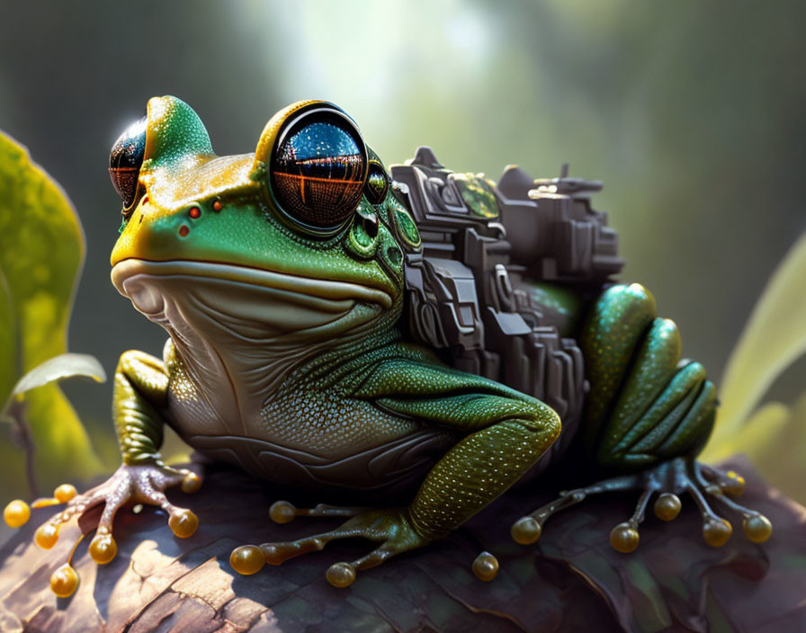 Detailed Hyper-Realistic Frog Illustration with Mechanical Suit on Log in Green Forest