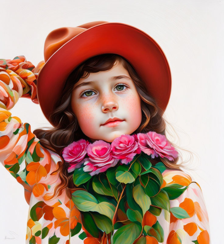 Portrait of a Young Girl with Brown Wavy Hair and Freckles