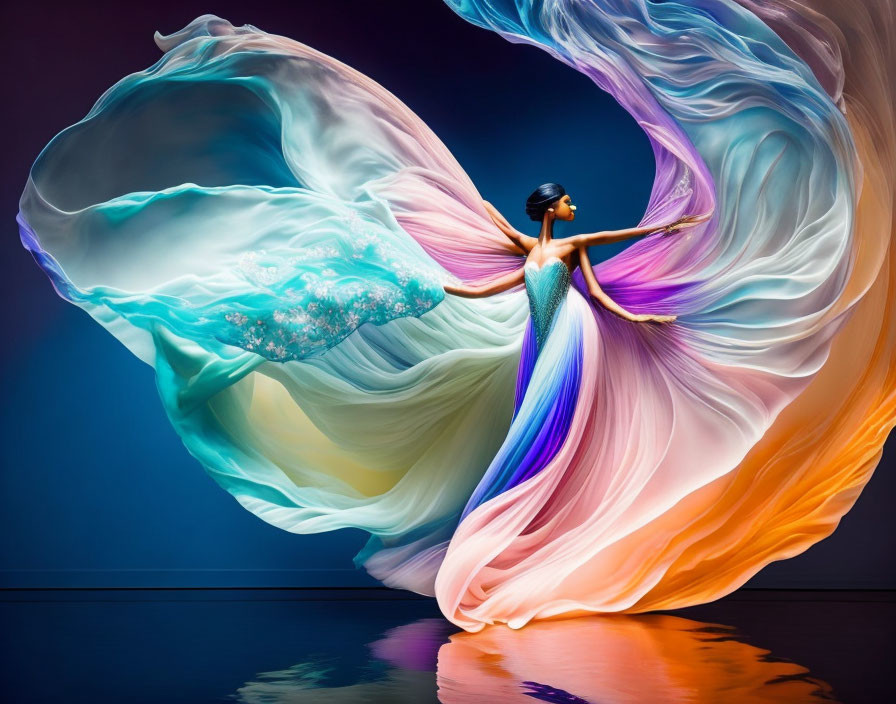 Colorful flowing dress against blue-purple background creates vibrant wave effect