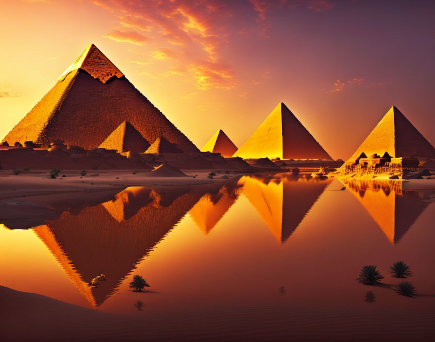 Iconic Pyramids of Giza at sunset with reflections in water