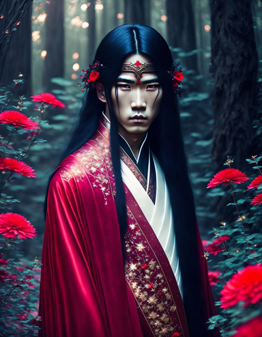 Elaborate Traditional Asian Attire with Red Flowers in Mystical Forest