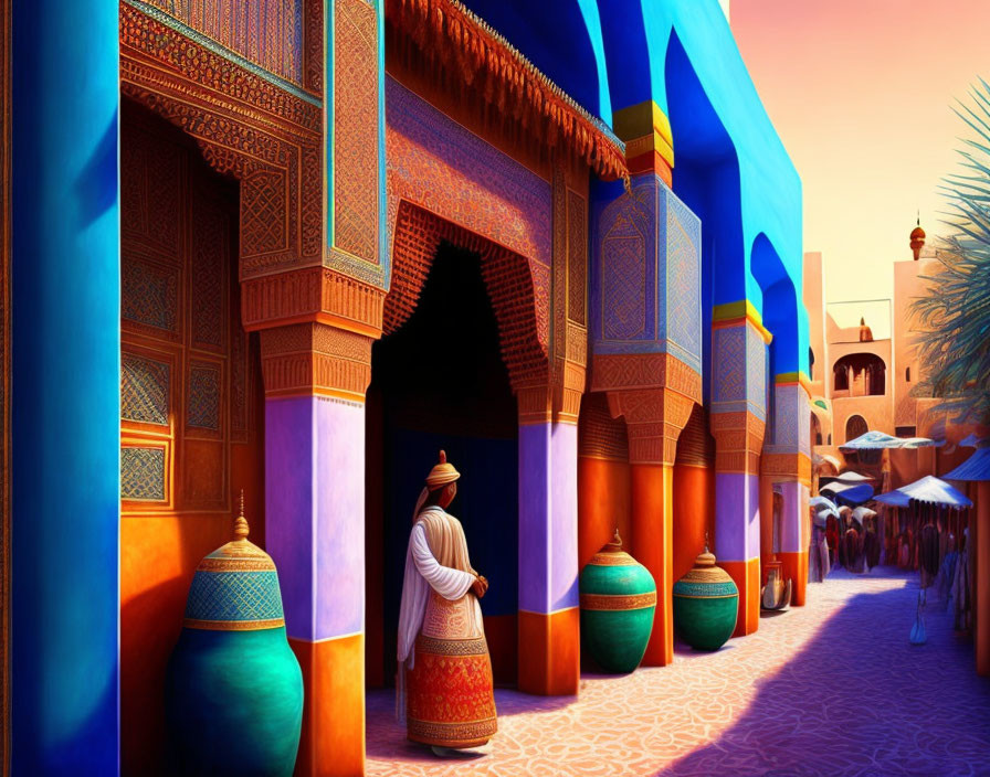 Vibrant Moroccan street scene with person in white robes and ornate buildings