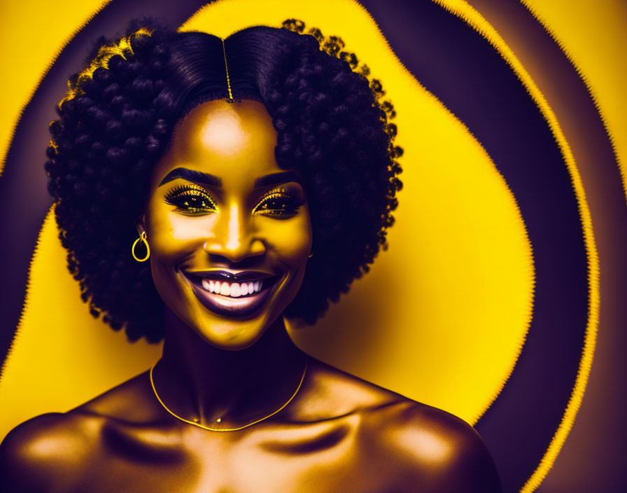 Smiling woman with afro in gold makeup against yellow background