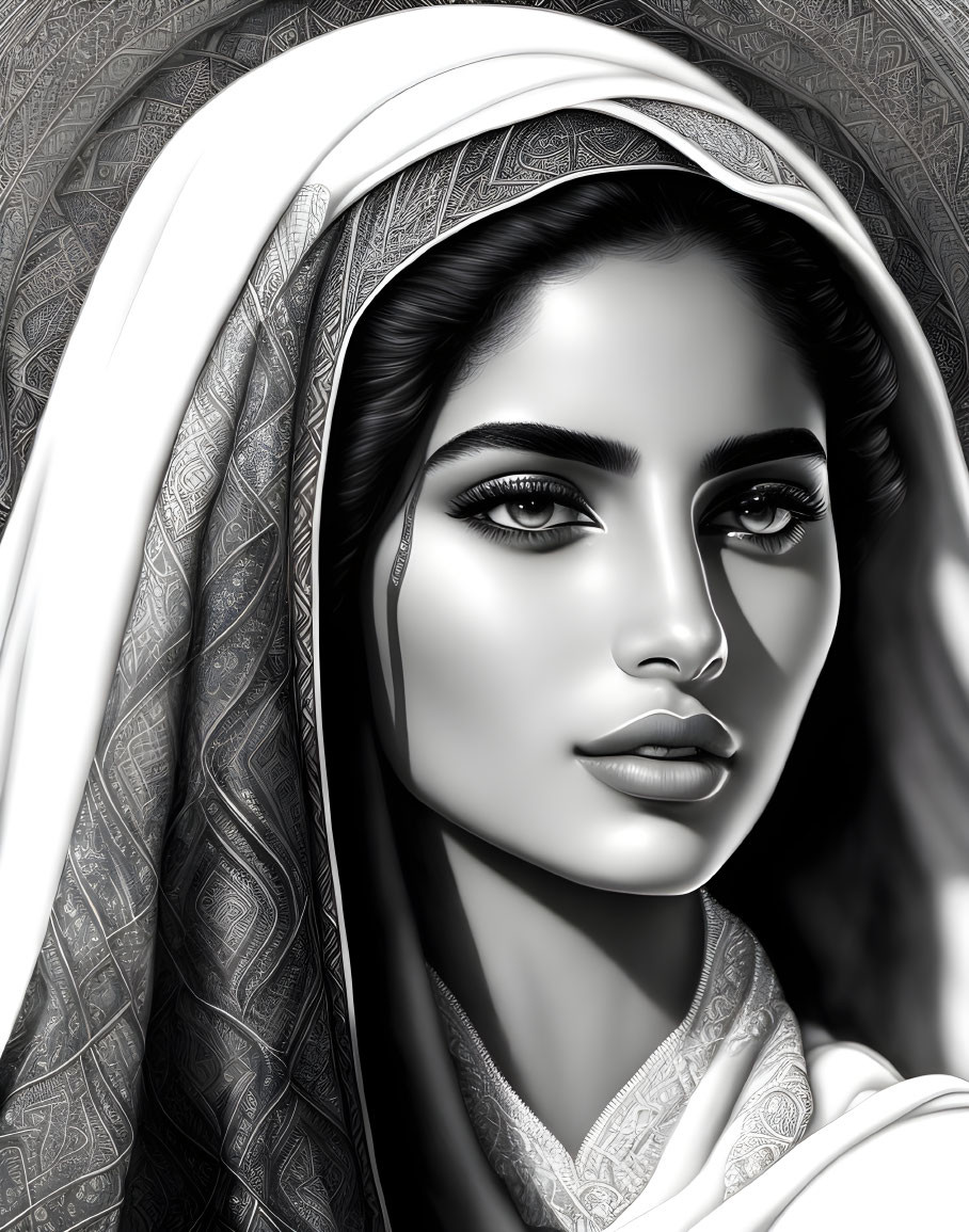 Monochrome digital artwork: Woman with headscarf, bold eyebrows, full lips