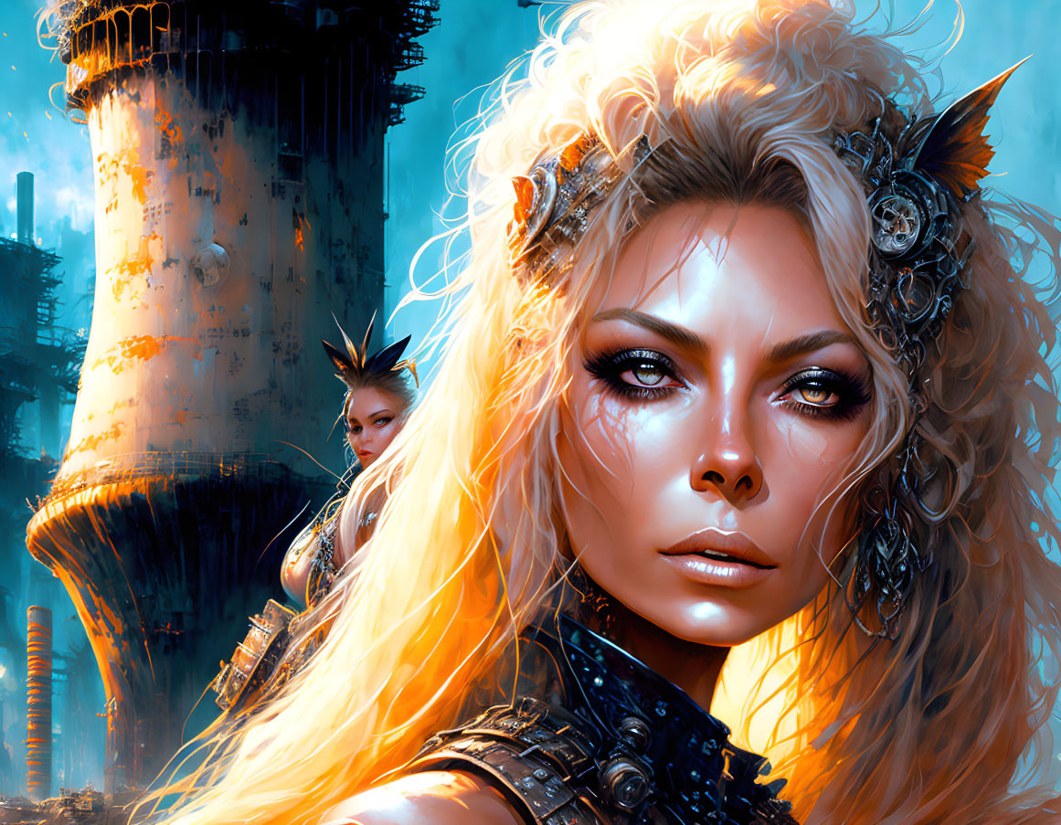 Fantasy-themed digital artwork: Female warrior with facial adornments & character by tower