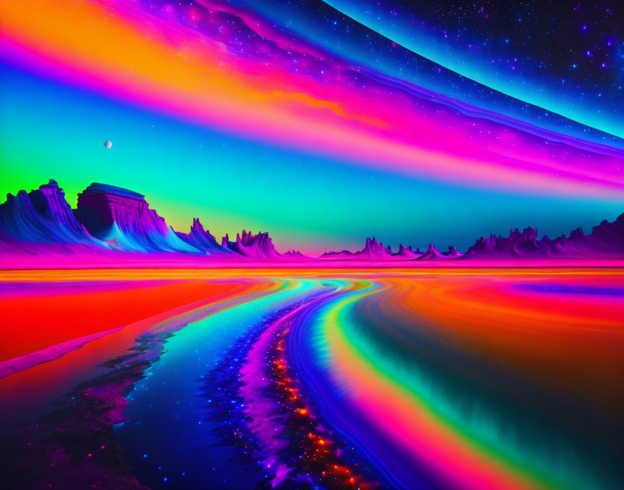 Colorful neon landscape with aurora sky, crescent moon, and stars reflecting on water