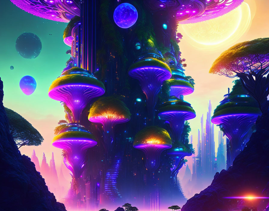 Alien Trees and Celestial Bodies in Sci-Fi Landscape