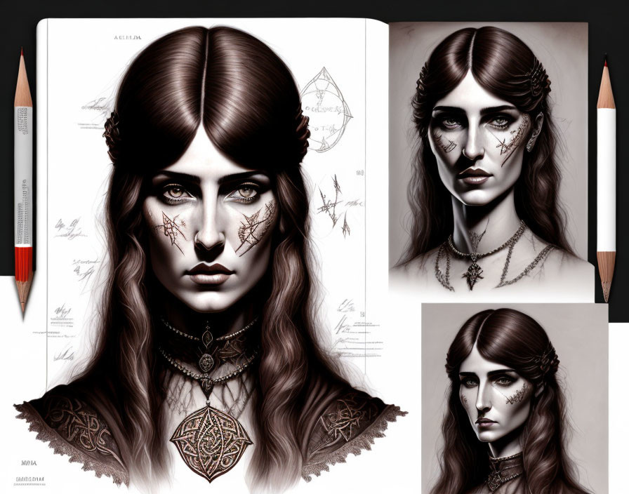 Detailed woman concept design: face tattoos, collar jewelry, pencil sketches.