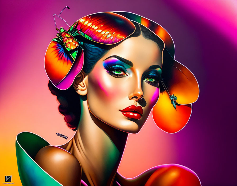 Colorful digital artwork: Woman with iridescent makeup and butterflies on pink and purple background