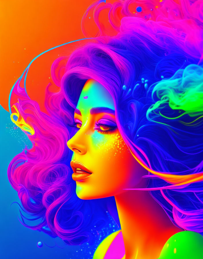 Colorful digital art: Woman's profile with flowing hair & neon makeup on gradient background