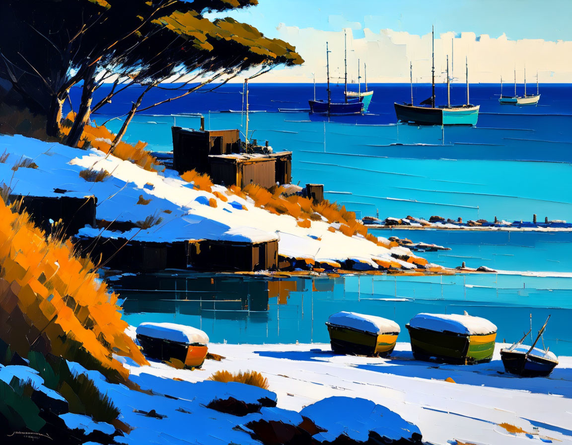 Colorful Snowy Coastal Scene with Boats and Blue Sky