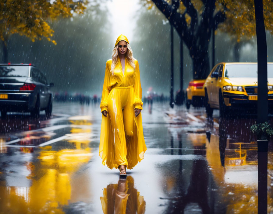 Woman in yellow dress and raincoat walking in rain on wet street with taxis and autumnal trees.