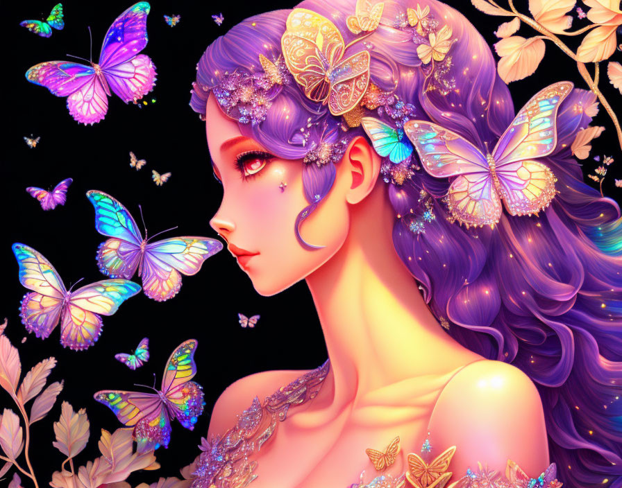 Purple-haired woman with luminous butterflies on dark background