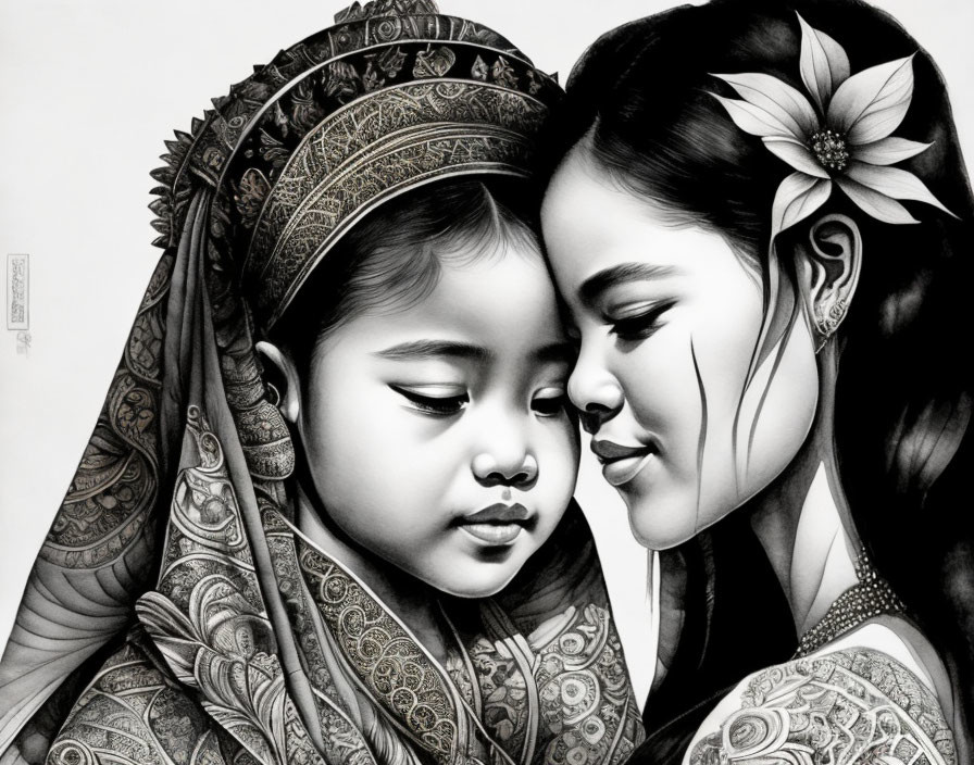 Monochrome drawing of woman and child in cultural attire with flower.