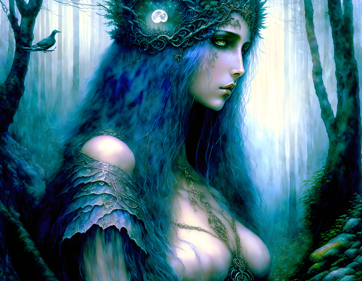 Blue-skinned woman with feather details in forest with raven and ethereal light.