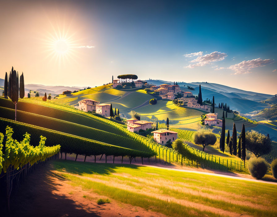 Rural Italian countryside: Rolling hills, vineyards, cypress trees at sunset