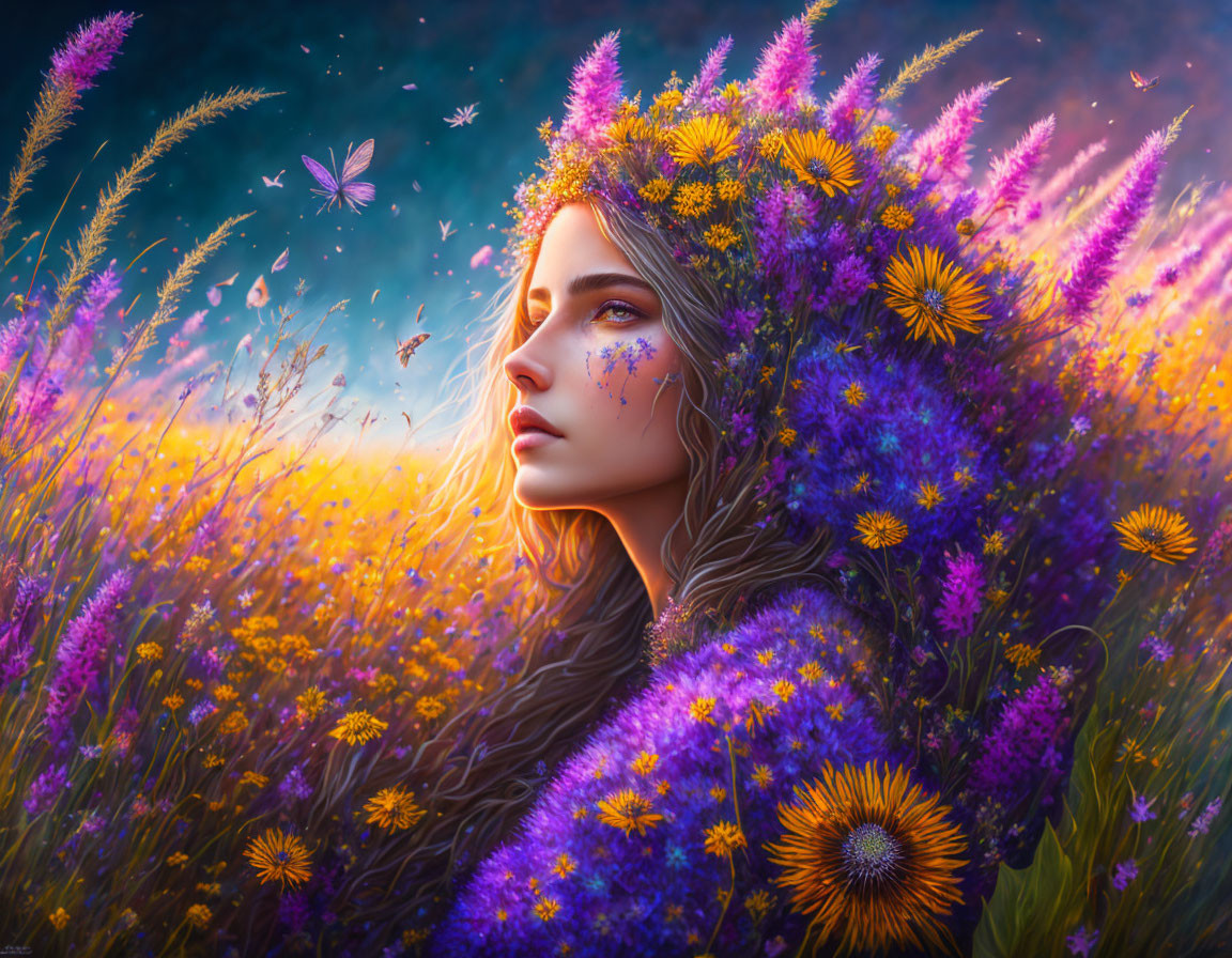 Woman with floral hair adornments in vibrant flower field at dusk