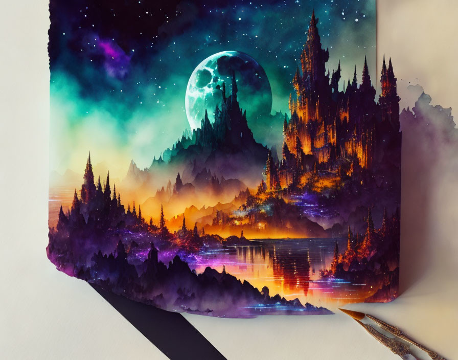 Fantastical landscape painting with moon, stars, castle, and water