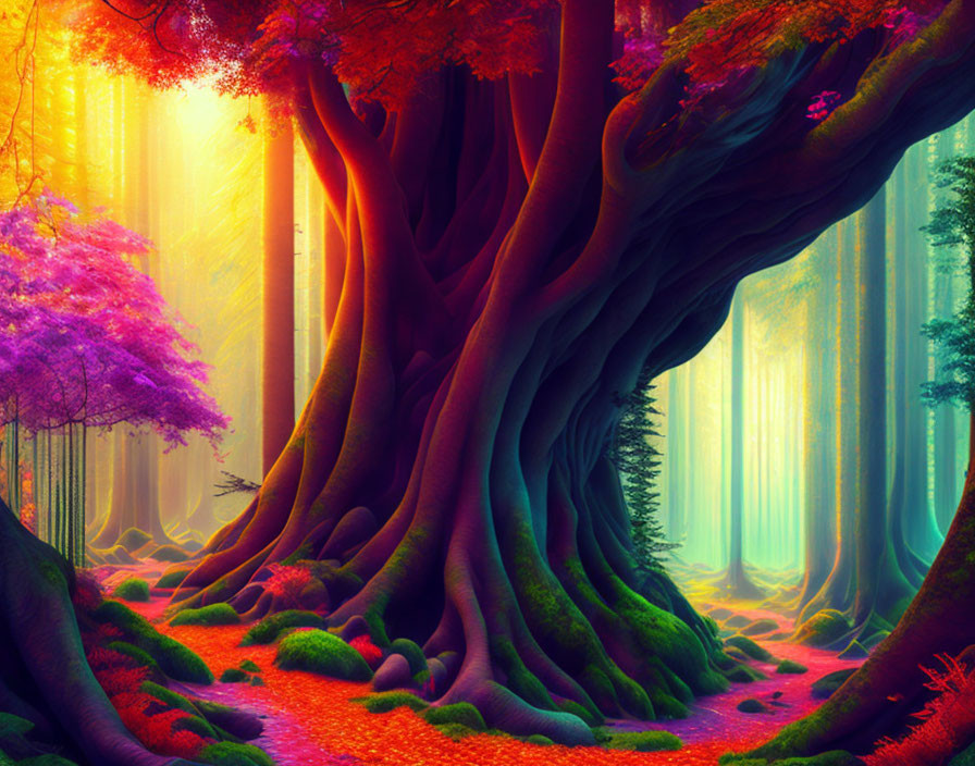 Colorful Fantasy Forest with Central Tree and Ethereal Light Rays