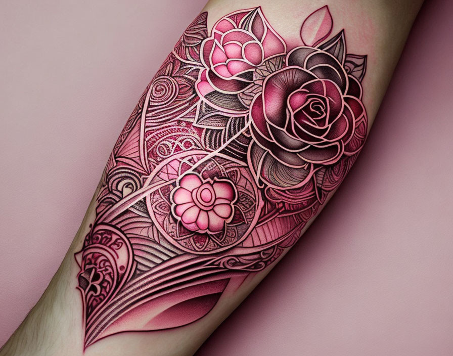 Detailed Red and Black Floral Forearm Tattoo with Rose Designs