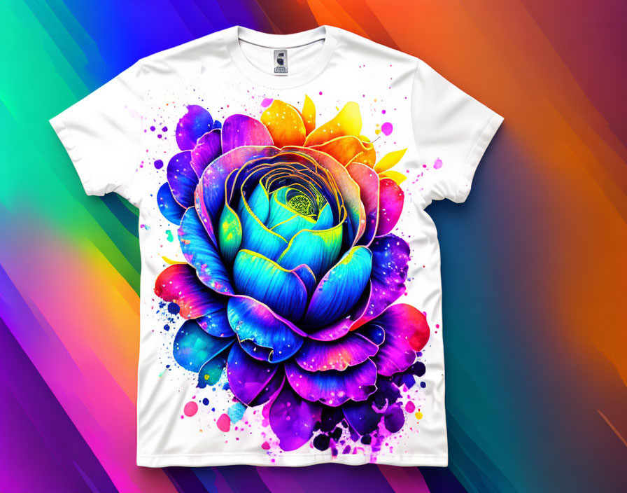 White T-Shirt with Multicolored Flower Design on Rainbow Gradient Background