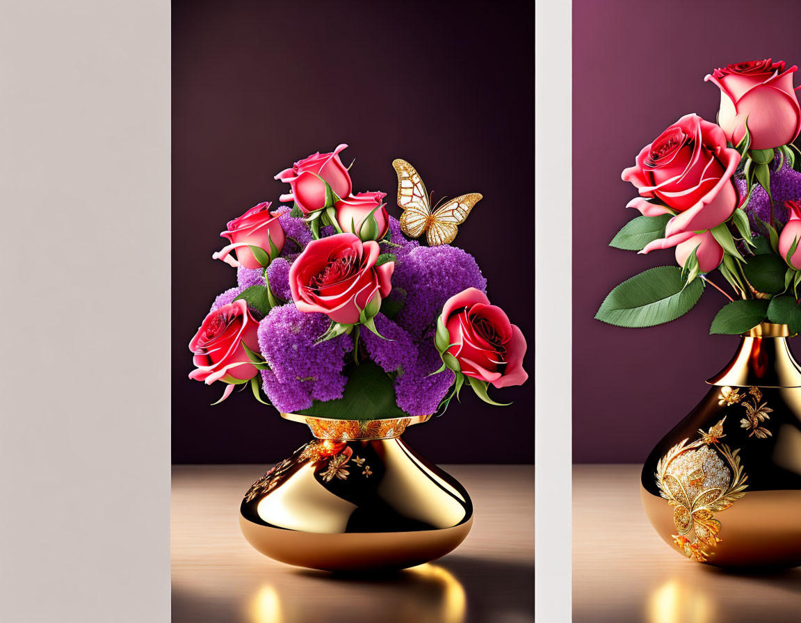 Gold Vase with Purple Flowers, Red Roses, and Butterfly on Buff Surface