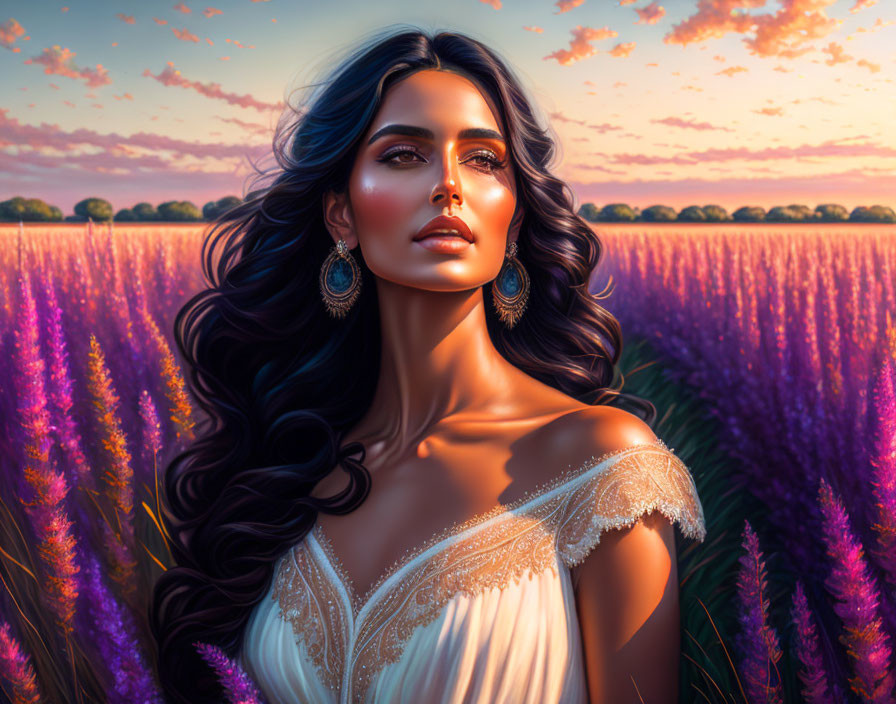 Digital artwork: Woman with dark hair and jewelry in lavender field at sunset