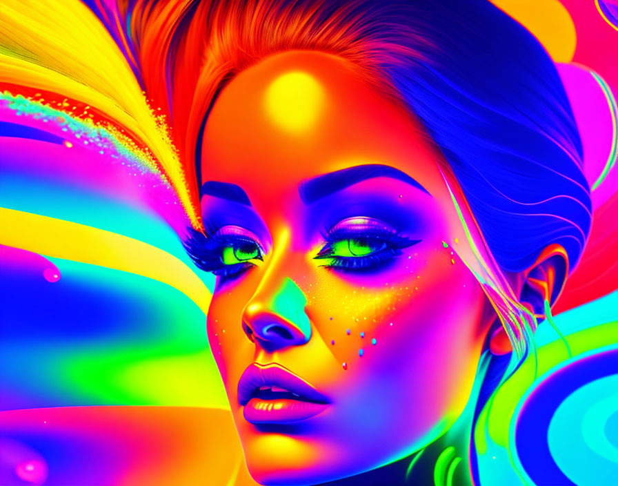 Colorful digital portrait: Woman with neon rainbow palette & psychedelic patterns