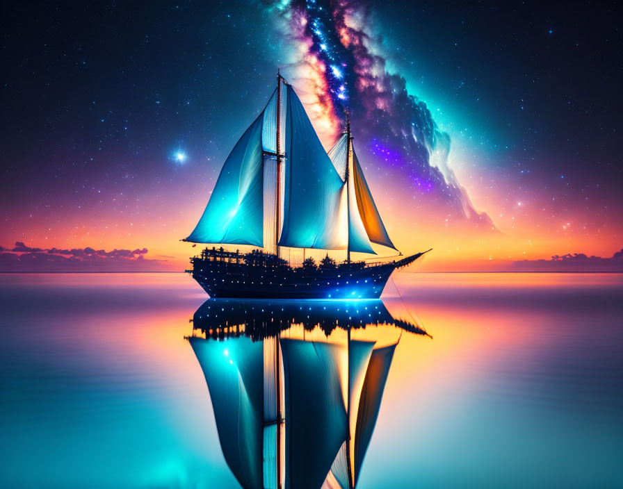 Sailboat on Calm Waters at Twilight with Colorful Sky