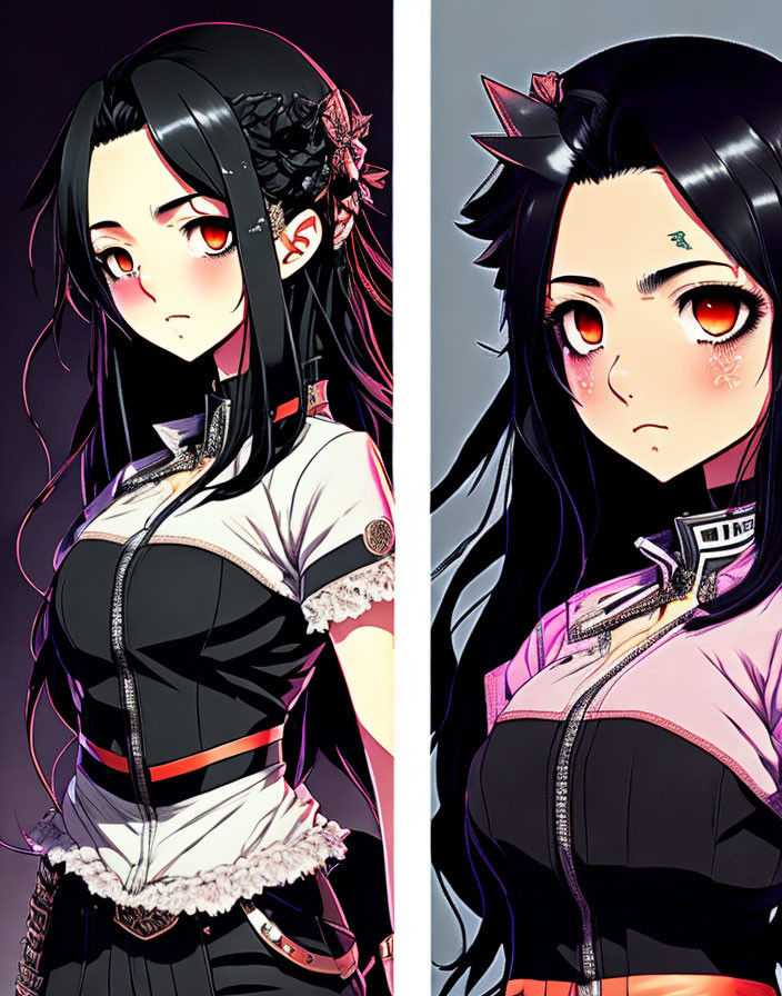 Female character with dual personas: one in dark attire and one in bright colors, both with black hair