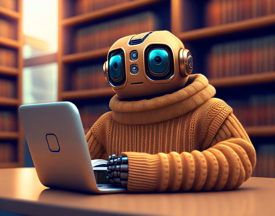 Adorable robot with blue eyes in sweater at library desk