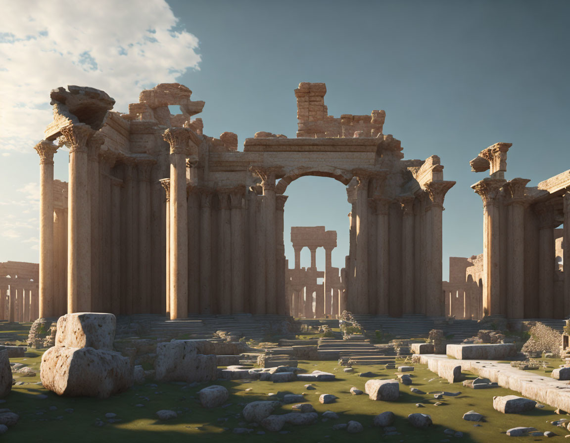 Ancient columns and arches in historical ruins under clear sky