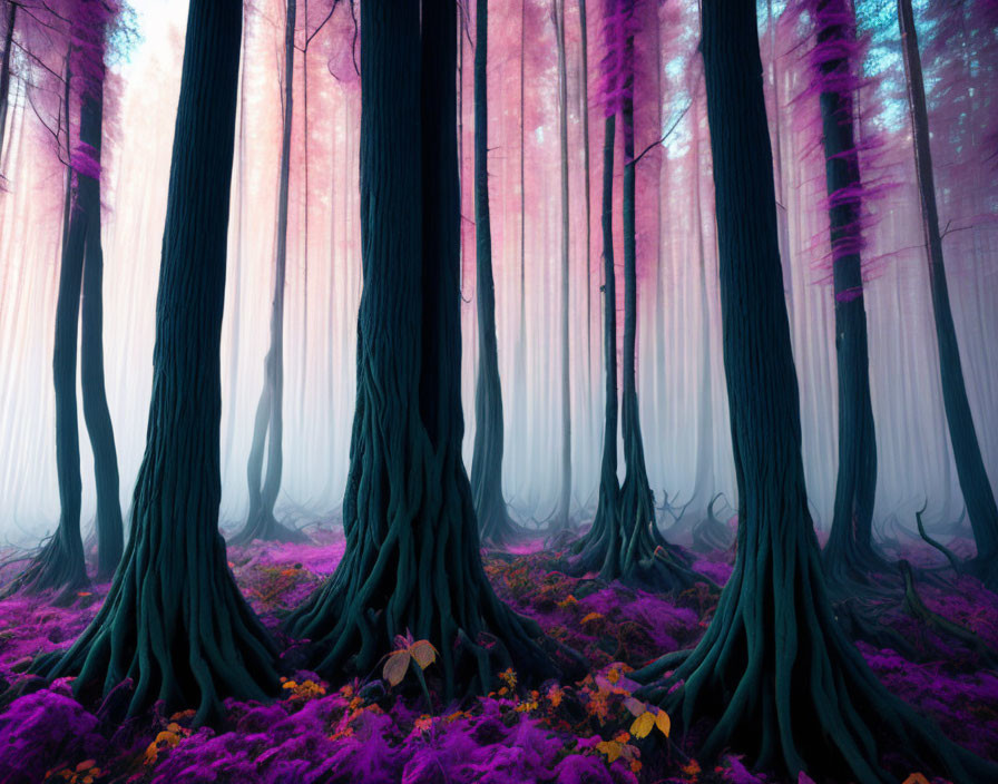 Mystical forest with tall trees and purple-pink hues