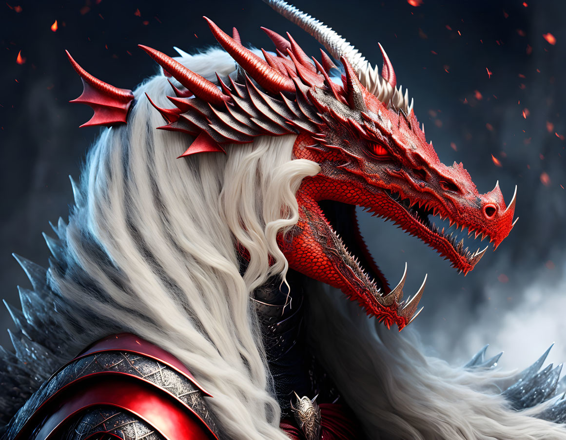 Red dragon head and figure in ornate armor against dark background