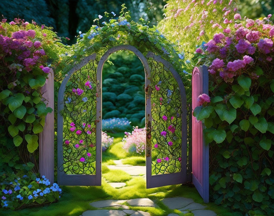 Lush garden gate with climbing plants and hydrangeas on green path